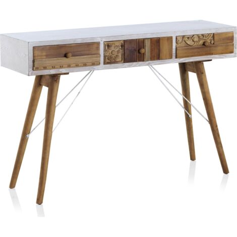 console blanche bois naturel vieilli et tiroirs sculptés - blanc et bois naturel vieilli