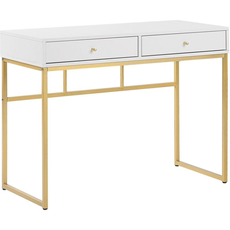 Beliani - Console Bureau à Domicile Glamour à 2 Tiroirs à Base en Métal Doré et Plateau Blanc Daphne