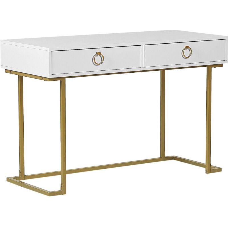 Beliani - Table Console Blanche et Dorée avec 2 Tiroirs Poignées Design Idéale comme Coiffeuse ou Bureau pour Chambre ou Salon Glamour