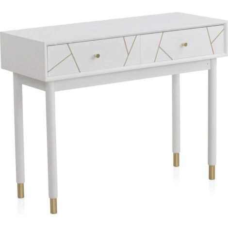 Console blanche laquée deux tiroirs détails dorés élégants - blanc mat et doré raffiné