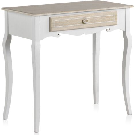 Console bois blanc style romantique avec tiroir crème texturé - Blanc crème bois clair