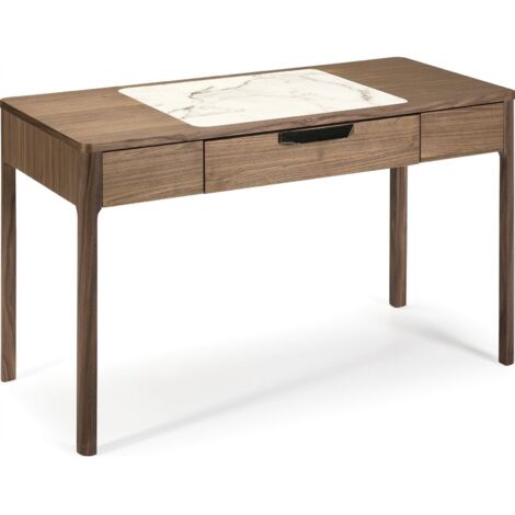 Console bois plateau en verre effet marbre 1 tiroir fermeture push+soft - Noyer, blanc, gris