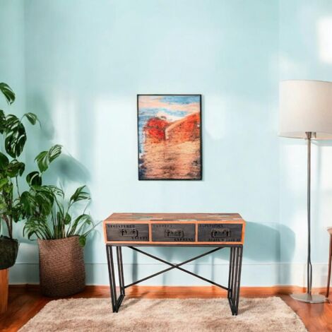Console bois recyclé 3 tiroirs 120x35x90cm CARAVELLE