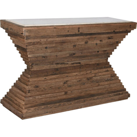 Console bois recyclé et plateau en marbre blanc - Bois brun et touches de marbre blanc