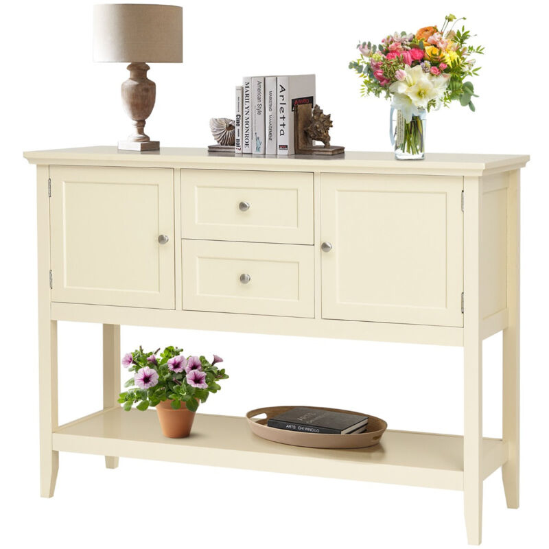 Console buffet en bois avec 2 tiroirs et 2 placards table basse avec étagère pour salon couloir et bureau coloris beige