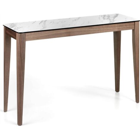 Console coiffeuse bois plateau en marbre céramique - Noyer, blanc, gris