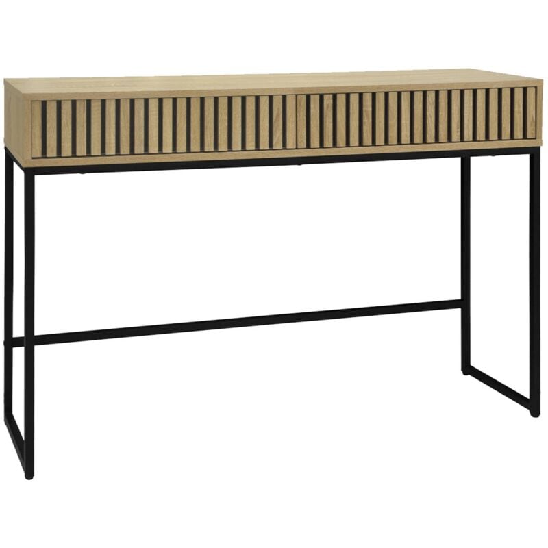 Console contemporaine avec 2 tiroirs en décor bois rainuré. structure et piètement en métal noir