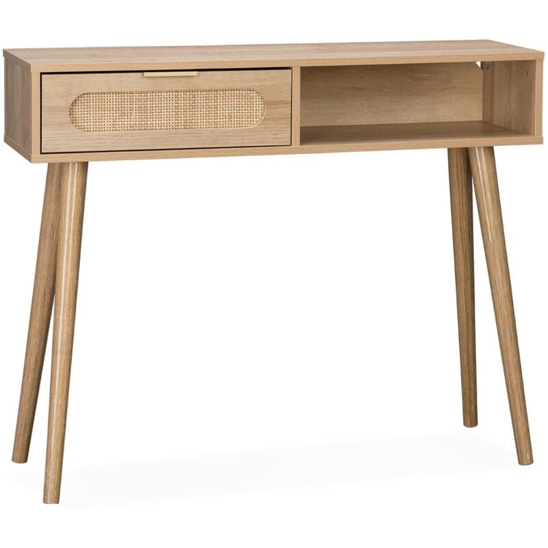 Console décor bois et cannage arrondi . Eva. 1 tiroir. 1 niche. pieds scandinaves. l 100 x l 29 x h 81cm