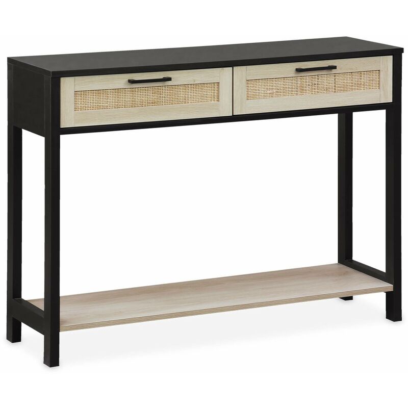 Console décor bois noir et cannage 100 x 30 x 75cm - Bianca - 2 tiroirs - 1 étagère