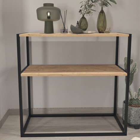 Console d'entrée avec étagères couleur Chêne et structure en acier noir - Longueur 90 x Hauteur 90 x Profondeur 34 cm
