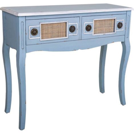 console d'entrée bleue en bois et rotin ambiance naturelle - bleu pastel et bois naturel