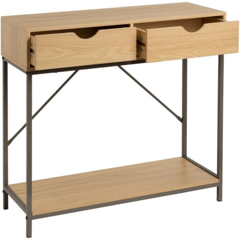 Console d'entrée couleur bois naturel et métal gris 2 Tiroirs 80x30x75cm