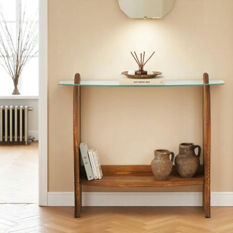 Console d'entrée vintage - bois brun, verre ANZIO