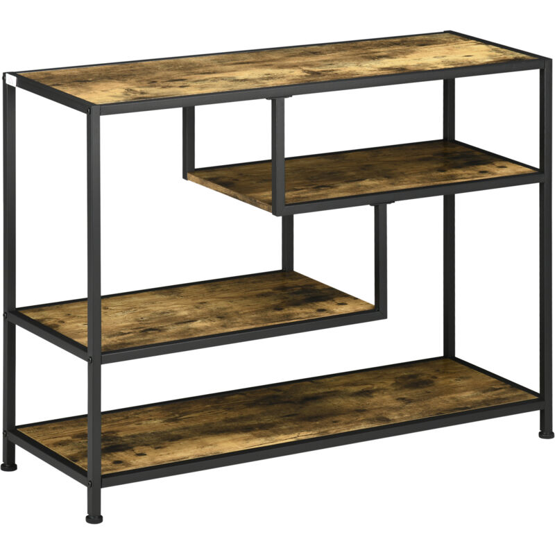 Console design industriel 4 étagères acier noir panneaux aspect bois vieilli