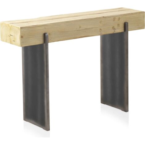 Console en bois d'abeto naturel pieds finition métal élégante - bois naturel et pieds métal gris