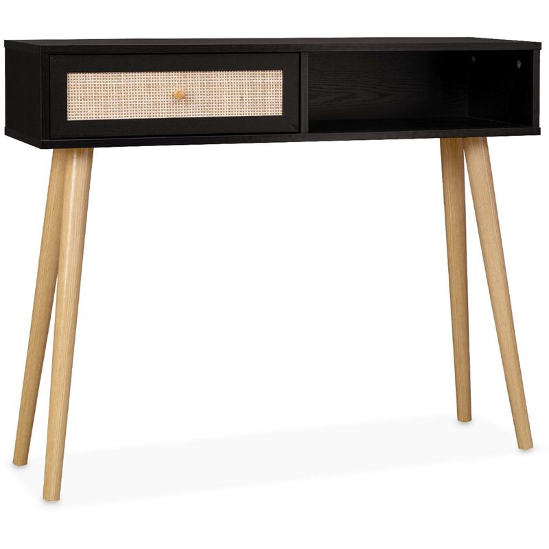 Console en cannage 100x29x81cm - Bohème - Noir. 1 tiroir.1 espace de rangement. pieds scandinaves décor bois. 1 poignée