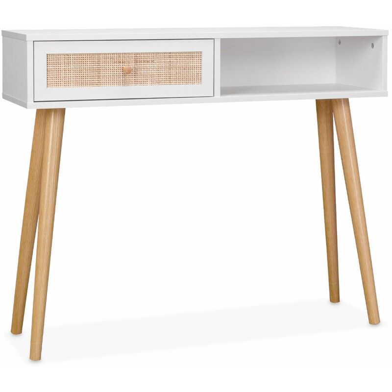Console en cannage 100x29x81cm - Bohème - Blanc. 1 tiroir.1 espace de rangement. pieds scandinaves décor bois. 1 poignée
