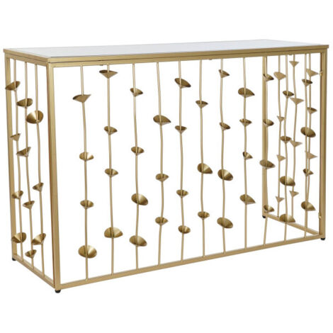 Console en Métal Doré et Plateau Miroir Fleurs - 126x43x81cm