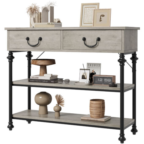 Console étroite industrielle avec 2 tiroirs et 2 étagères, Table d’entrée ou derrière canapé, Design rustique, Rangement, Gris