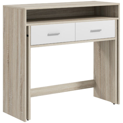 Console extensible à 2 niveaux avec rails coulissants, 2 tiroirs et 2 roulettes, 95 x 35 x 87 cm, chêne