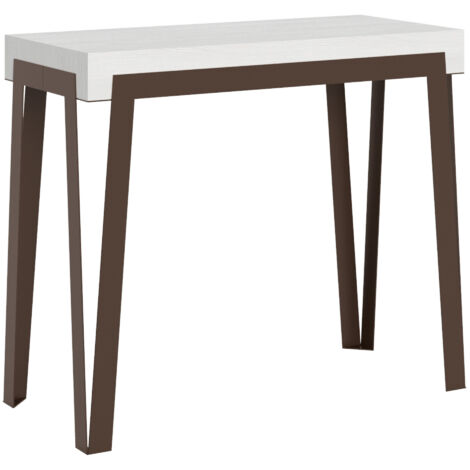 Console extensible blanche et pieds métal marron 8 personnes 40 à 196cm Rino