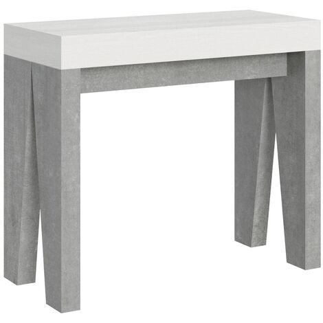 Console extensible blanche pieds bois gris béton 12 personnes 40 à 300cm Naxo-Support 2 pieds