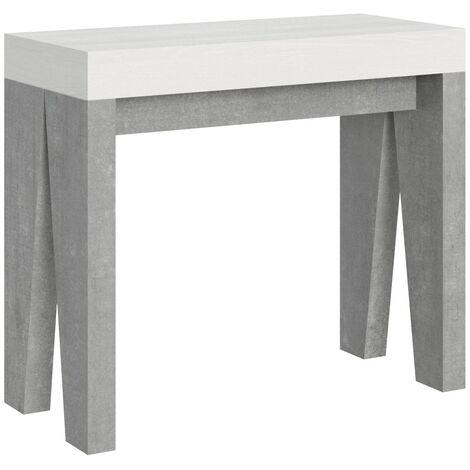 Console extensible blanche pieds bois gris béton 8 personnes 40 à 196cm Naxo-Pied et support sur roulettes