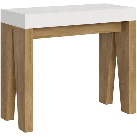 Console extensible blanche pieds bois naturel 12 personnes 40 à 300cm Naxo-Support 2 pieds
