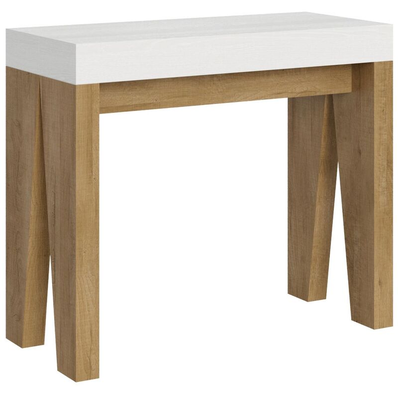 Console extensible blanche pieds bois naturel 8 personnes 40 à 196cm Naxo-Support 2 pieds Console extensible blanche pieds bois naturel 8 personnes 40 à 196cm Naxo-Support 2 pieds