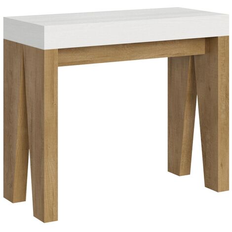 Console extensible blanche pieds bois naturel 8 personnes 40 à 196cm Naxo-Pied et support sur roulettes