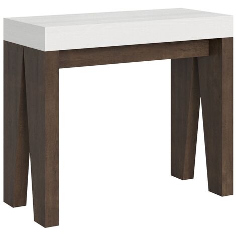 Console extensible blanche pieds bois noyer 8 personnes 40 à 196cm Naxo-Support 2 pieds