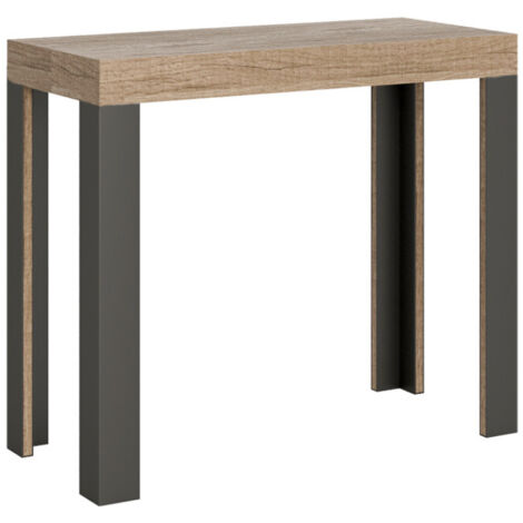 Console extensible bois avec 4 pieds bois et acier anthracite Liva 3 rallonges Sur roulettes-Naturel-Sur roulettes-3 rallonges