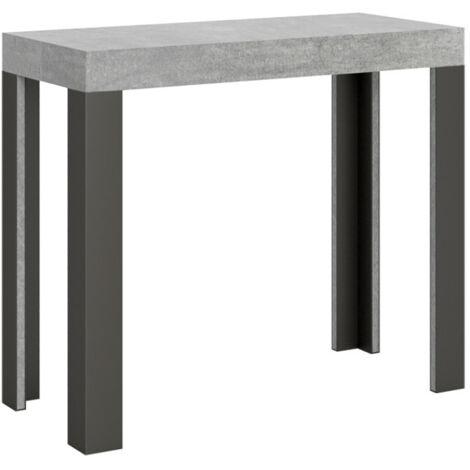 Console extensible bois avec 4 pieds bois et acier anthracite Liva Sur roulettes 3 rallonges-Gris ciment-Sur roulettes-3 rallonges