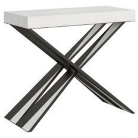 Console extensible bois blanc et pieds croisés métal 40 à 300cm Diair-Support 2 pieds-5 rallonges épaisses