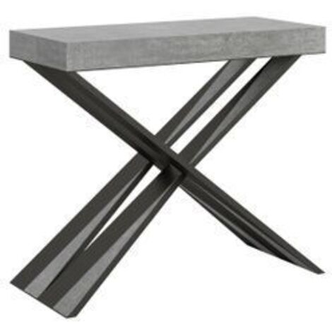 Console extensible bois effet béton et pieds croisés métal 40 à 300cm Diair-Support 4 pieds-5 rallonges fines