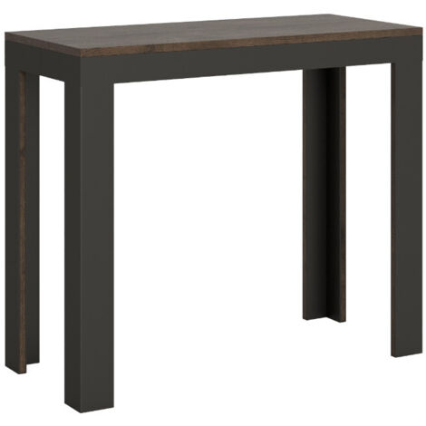 Console extensible bois pieds bois et acier anthracite Liva evolution 5 rallonges Sur roulettes-Marron-Sur roulettes-5 rallonges