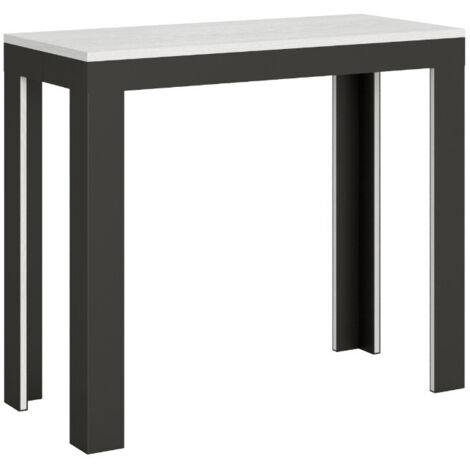 Console extensible bois pieds bois et acier anthracite Liva evolution Sur roulettes 5 rallonges-Blanc-Sur roulettes-5 rallonges