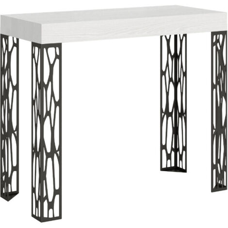 Console extensible design bois et acier anthracite Kiza 5 rallonges Sur roulettes-Blanc-Sur roulettes-5 rallonges