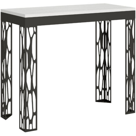 Console extensible design bois et acier anthracite Kiza evolution 2 pieds 5 rallonges-Blanc-2 pieds-5 rallonges