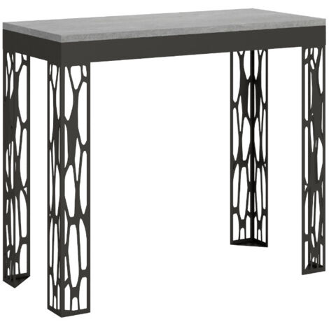 Console extensible design bois et acier anthracite Kiza evolution 5 rallonges Sur roulettes-Gris ciment-Sur roulettes-5 rallonges