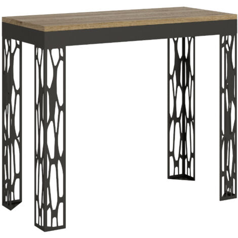 Console extensible design bois et acier anthracite Kiza evolution 5 rallonges Sur roulettes-Naturel-Sur roulettes-5 rallonges