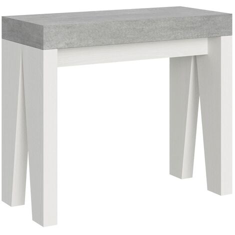 Console extensible gris béton pieds bois blanc 12 personnes 40 à 300cm Naxo-Support 2 pieds