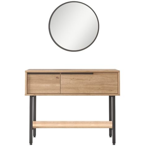 Console fixe avec miroir bois et rotin Zenax 160cm-Chêne clair