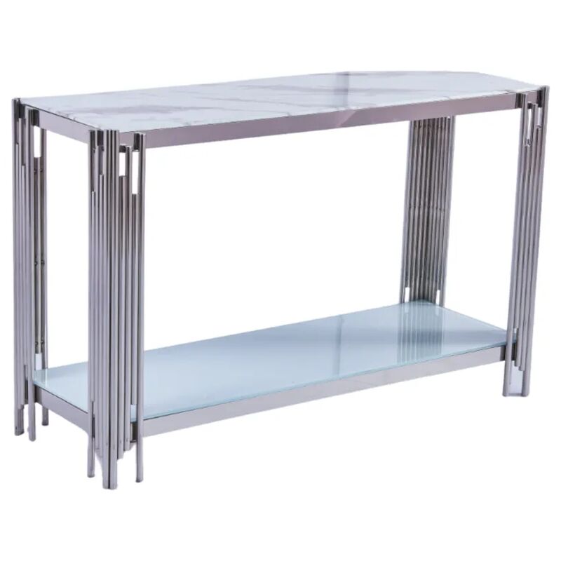 Homy France - Console flute Chrome plateau verre Marbre Blanc 120x40x78 cm
