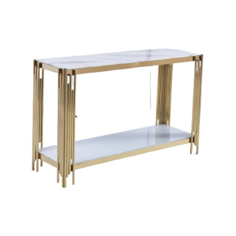 Homy France - Console flute Gold plateau Marbre Blanc 120x40x78 cm