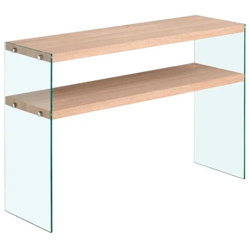 Console L. 110 cm en verre trempé et étagères effet chêne clair - ICE