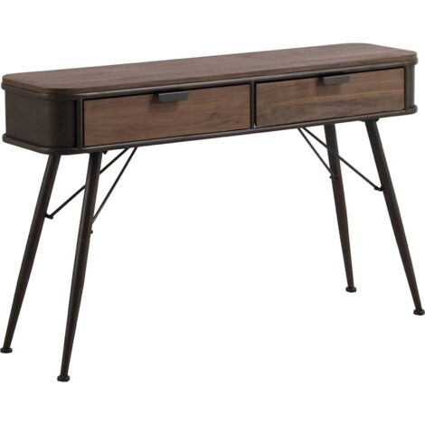 Console métal et bois esprit industriel avec deux tiroirs élégants - gris métal et bois châtaigne