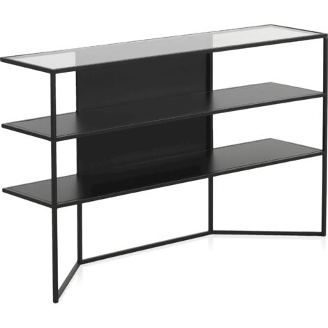 Console métal noir avec plateau en verre et étagères design - noir métal et verre transparent