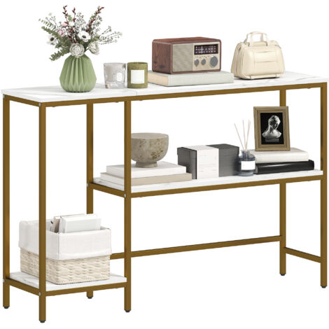 Console meuble 120 cm, table console 3 niveaux avec étagères de rangement, plateaux imitation marbre, blanc et doré