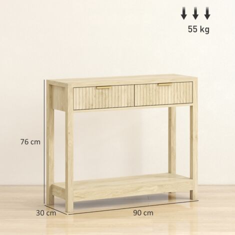 Console meuble 90 cm, table console étroite avec 2 tiroirs rainurés et étagère, style moderne, bois naturel